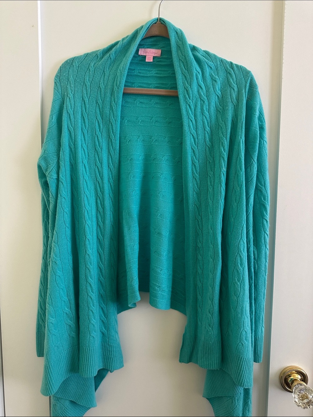 Lilly Pulitzer Teal Cable Knit Open-Front Cardigan 100% Cashmere